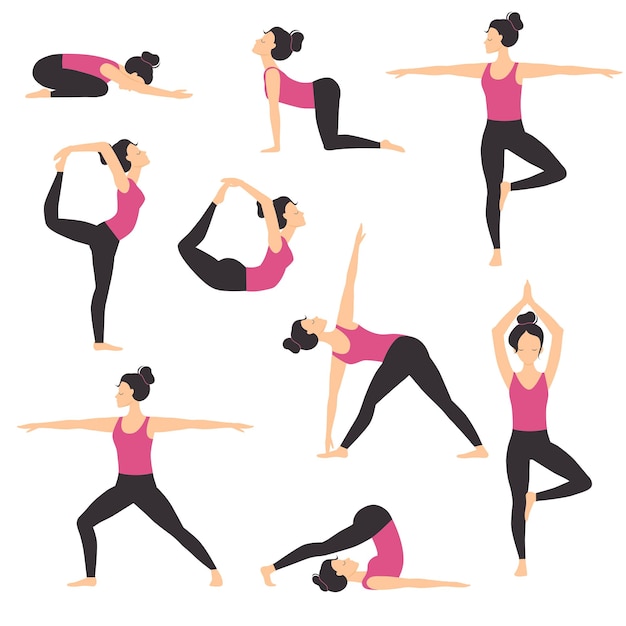 Girl Practicing Various Yoga Positions Set Slim Sporty Young Woman Training Balancing and Relaxing Fitness Workout Flat Style Vector Illustration