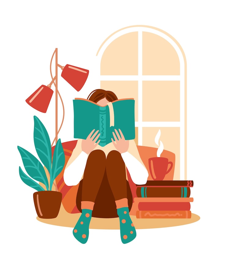 Girl reads books and has a good time with herself. Vector illustration.