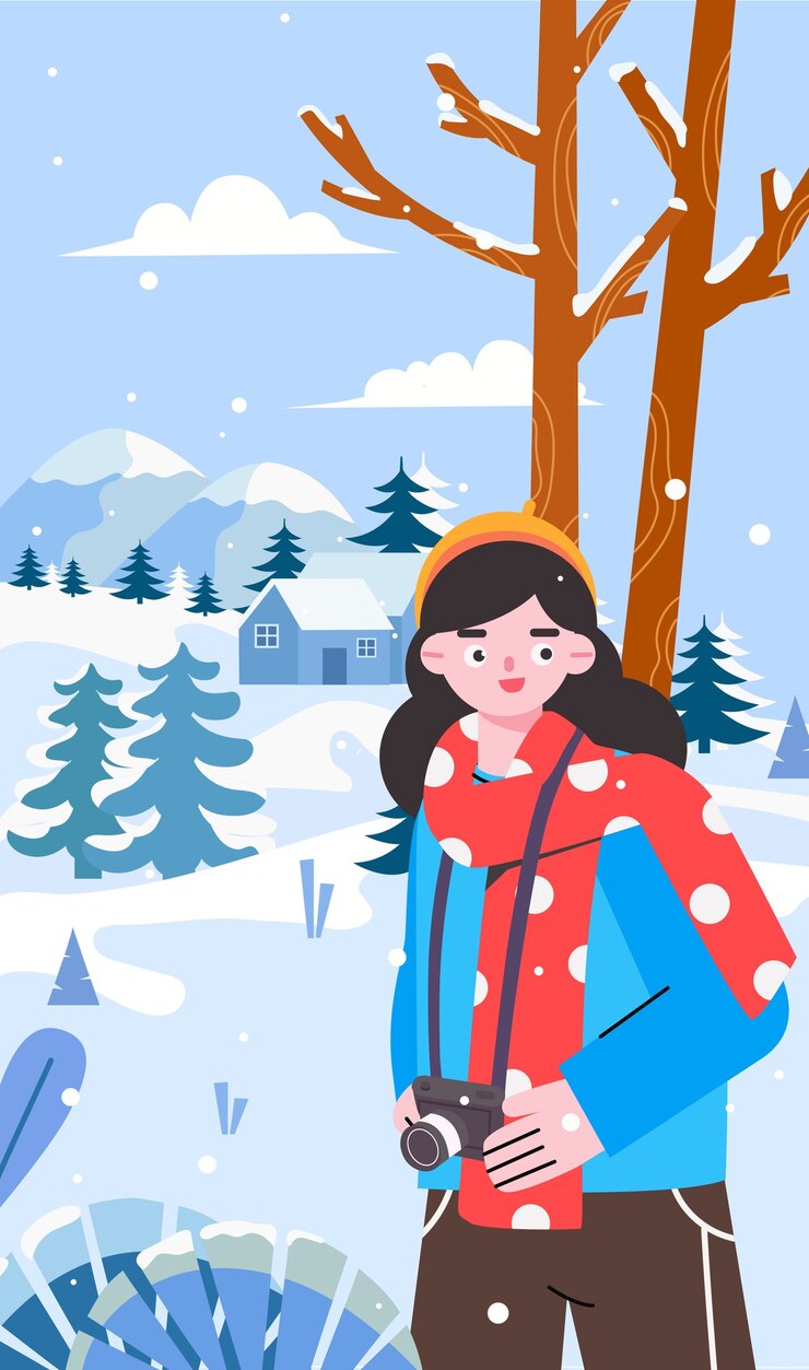 Vector girl shooting snow scene in winter