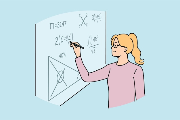 Girl student of mathematical school writes formulas on blackboard solving complex equations at algebra olympiad Young woman is fond of mathematics and study at university or college for education