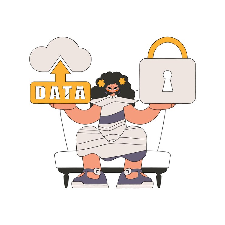 Vector girl with cloud storage secure with a padlock