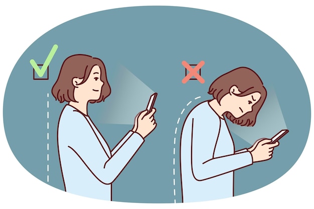 Girl with mobile phone demonstrates correct and incorrect posture while using applications