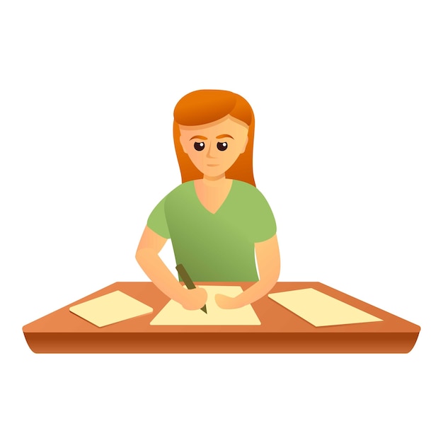 Girl writing exam test icon Cartoon of girl writing exam test vector icon for web design isolated on white background