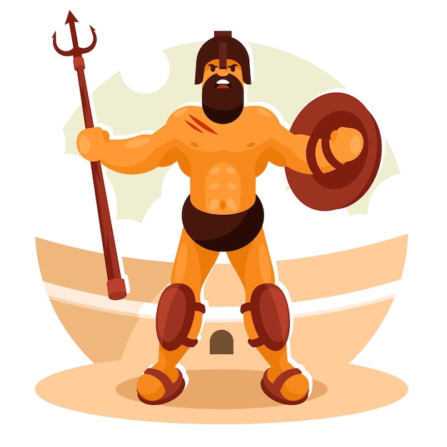 gladiator in helmet with trident and shield in arena vector graphics