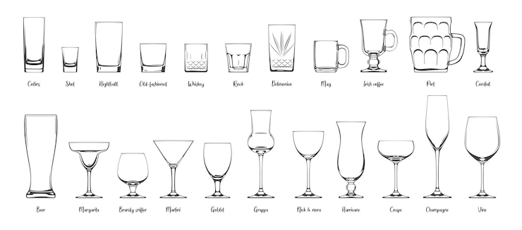 Vector glass and wineglass set different types of glasses and wineglasses on white vector illustration