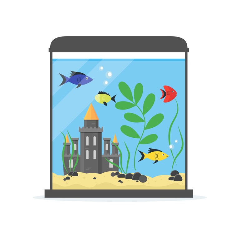 Vector glass aquarium with castle for interior home. equipment hobby flat style.