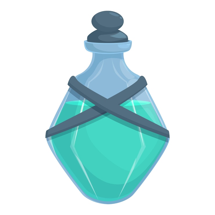 Vector glass bottle containing glowing green potion is secured with straps