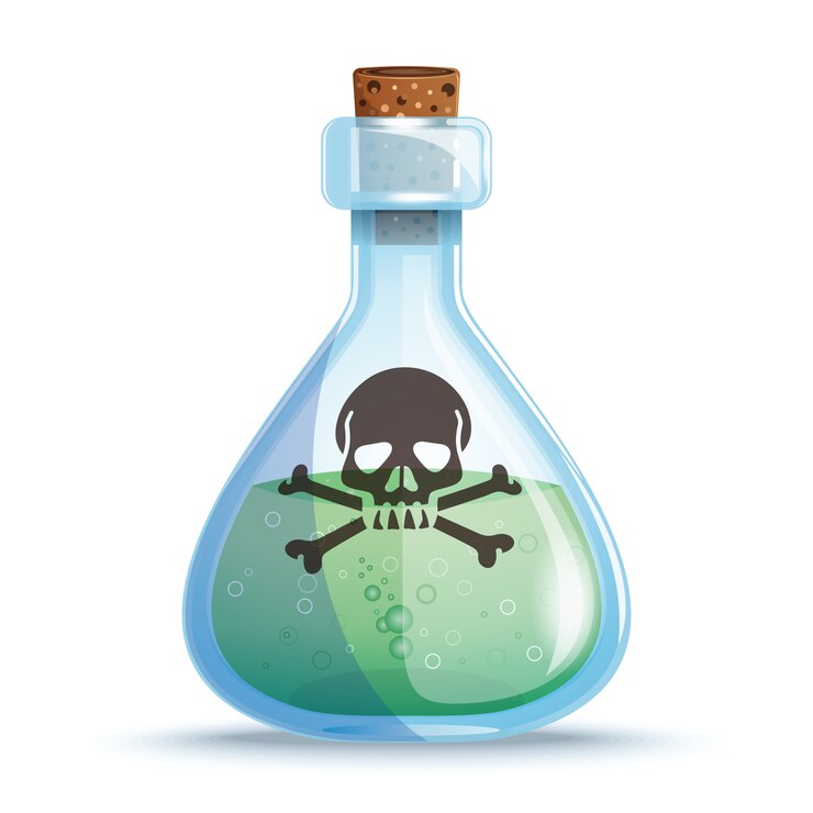 Vector glass bottle with green liquid. bottle of poison. skull and bones on a vial of poison. 