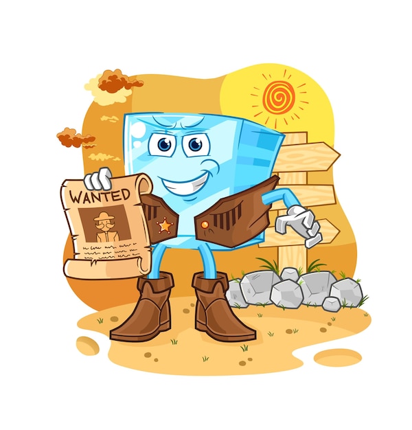 Glass cowboy with wanted paper cartoon mascot vector