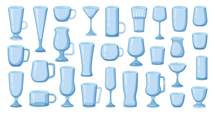 Vector glass cups for drinks and cocktails glassware