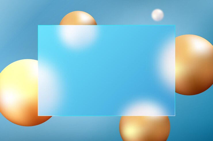Vector glass morphism effect banner made of transparent glass and golden spheres