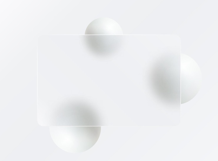 Vector glass morphism landing page credit card template with white spheres on a white background
