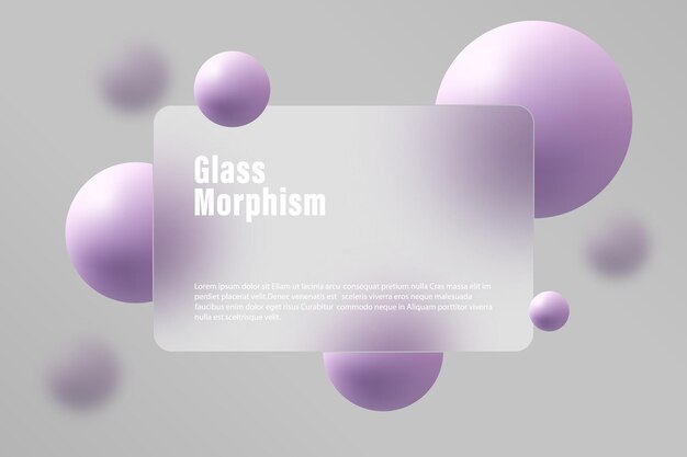 Glass morphism landing page with rectangular frame illustration with blurry floating spheres