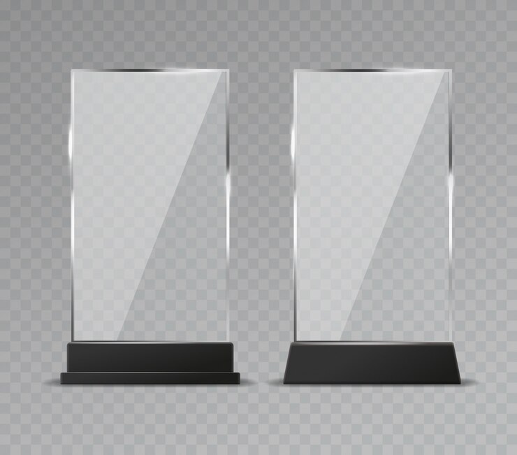 Vector glass table display. office transparent glass table signs modern plastic clear stand reflection shiny plates 
