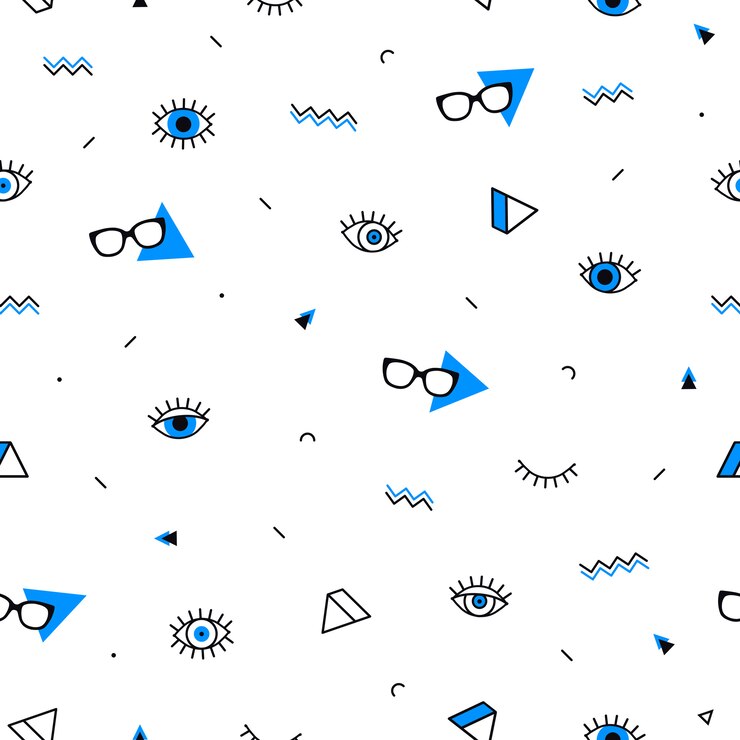Vector glasses eyes seamless pattern with geometric shapes in memphis style.