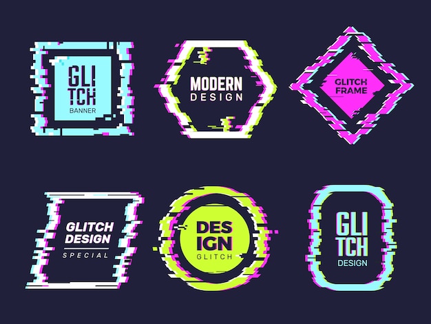 glitch banners. hipster poster distortion glitch broken frames and text template  abstract forms