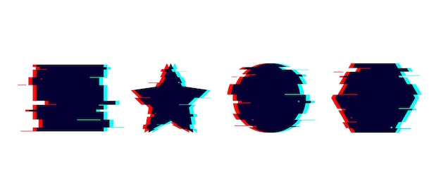 Glitch distorted geometric shapes set. Circle, square, star, hexagon with TV or vhs noise