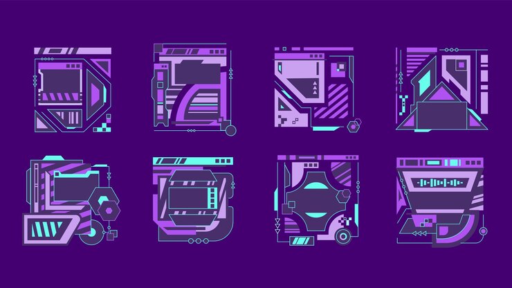 Glitch tech banners stylish abstract video frame designs featuring purple and blue hues with a