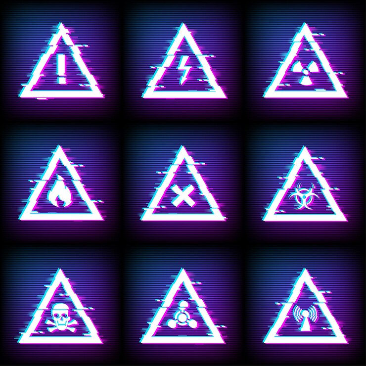 Vector glitch warning signs on screen, hazard danger.