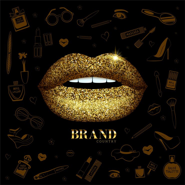 Vector glitter glossy lips and fashion icons background beauty and wellness items