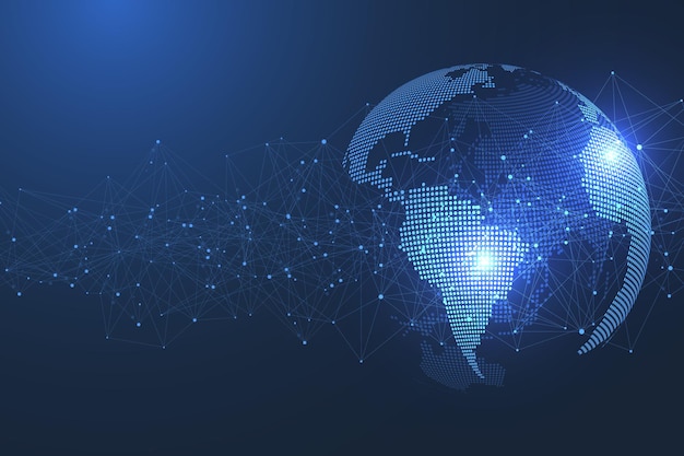 Global network connection concept. Big data visualization. Social network communication in the global computer networks. Internet technology. Business. Science. Vector illustration
