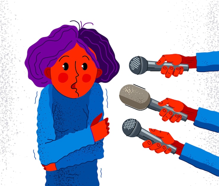 Vector glossophobia fear of public speech vector illustration, girl surrounded by microphones scared in panic attack, psychology mental health concept.