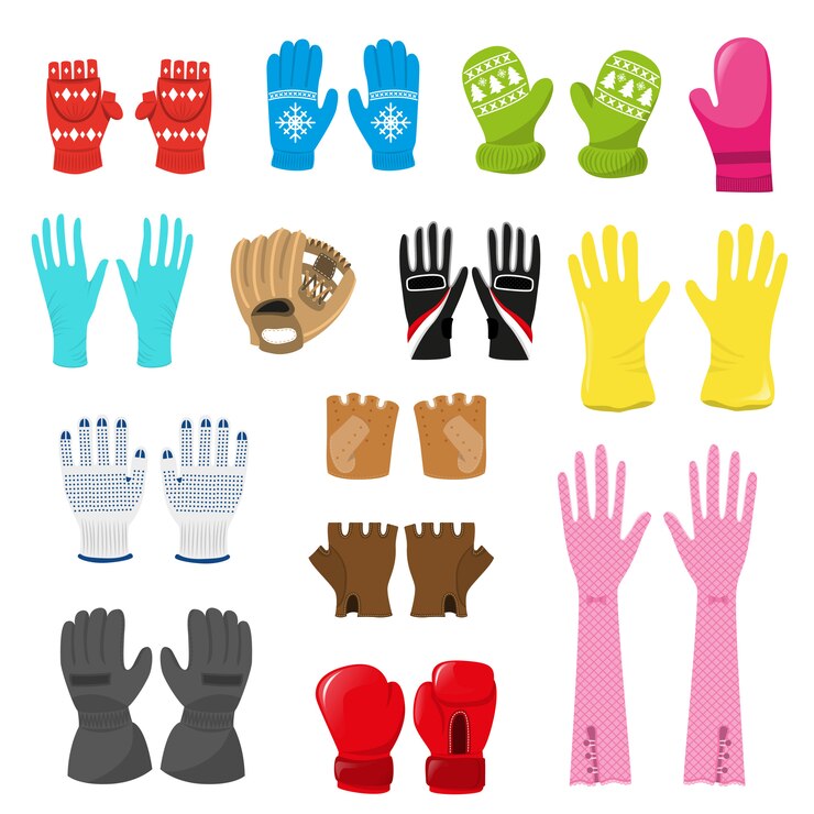 Vector glove vector woolen xmas mittens and protective pair of gloves illustration set