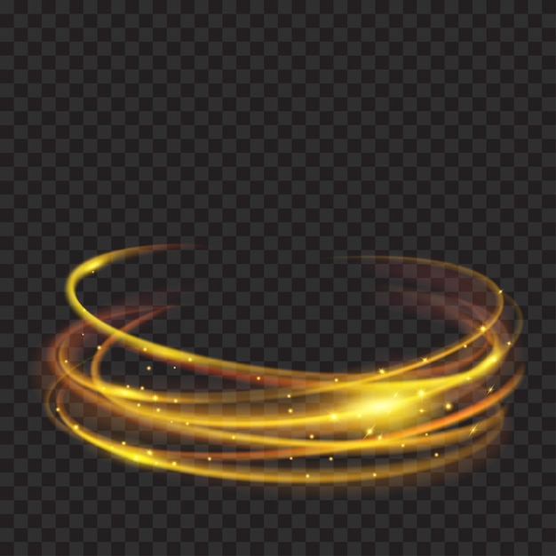 Glowing fire rings with glitter in gold colors on transparent. Light effects