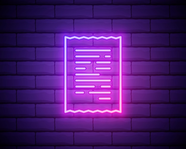 glowing neon line paper check and financial check icon isolated on brick wall background paper print check shop receipt or bill colorful outline concept vector
