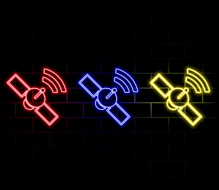 Vector glowing neon satellite icon isolated on brick wall background vector