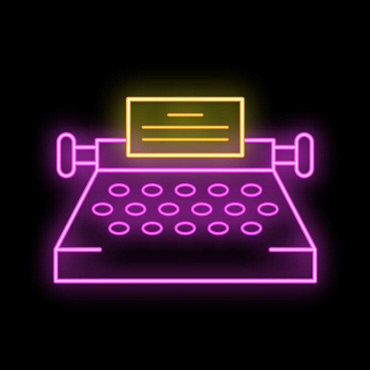 Vector glowing neon sign depicting a vintage typewriter for content creation