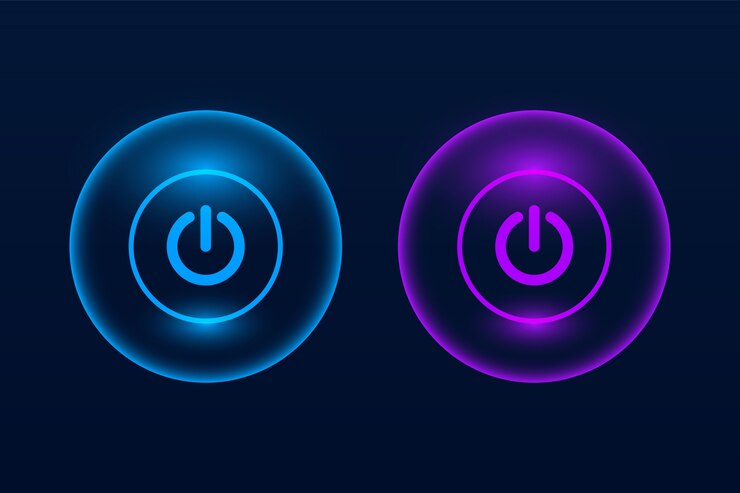 Vector glowing on and off push button on dark 