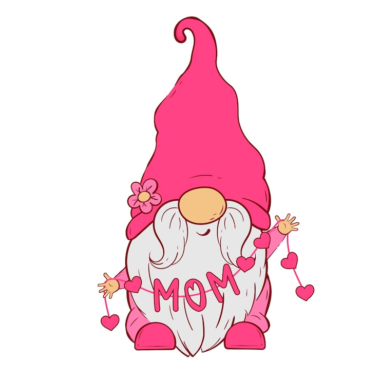 Vector gnome in a pink hat holds a rope with hearts and the inscription mom