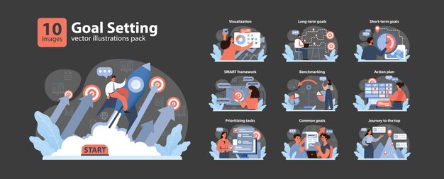 Goal setting set inspiring journey from start to success visualization longterm objectives shortterm