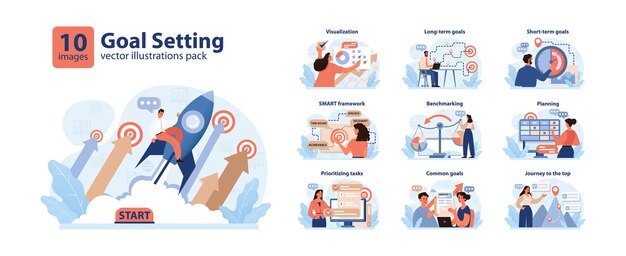 Goal setting set inspiring journey from start to success visualization longterm objectives shortterm