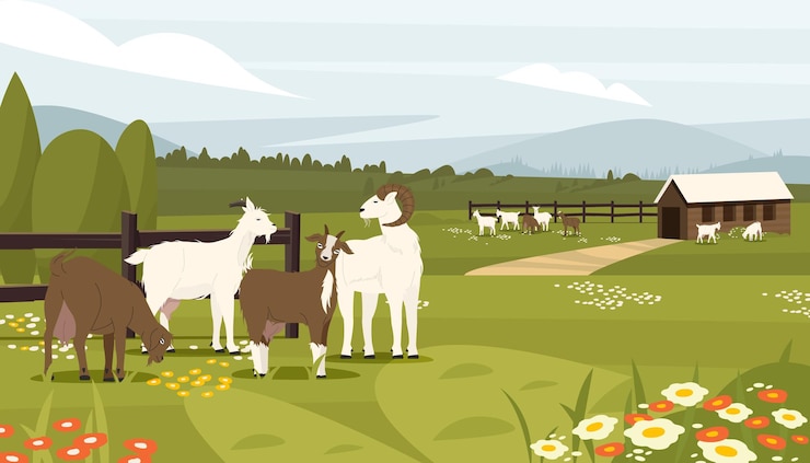 Vector goat farm farm with dairy animals cottage with baby male and female goats organic farm for dairy