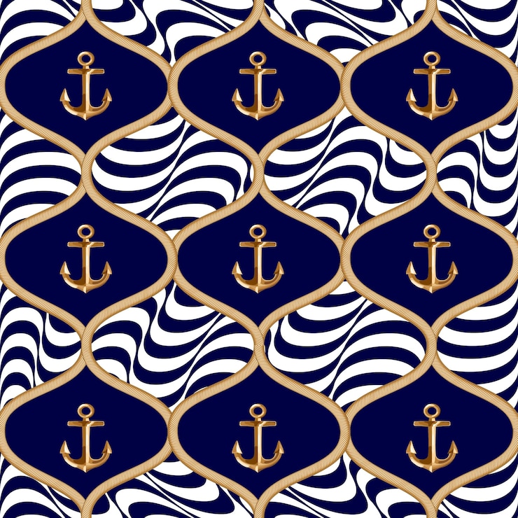 Vector gold anchor chain grid seamless on blue and white wave background