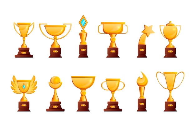 Gold award cups for winners and heroes set. Vector illustrations of champions golden trophy. Cartoon sport game reward, best movie prize, luxury goblet isolated on white. Victory, triumph concept