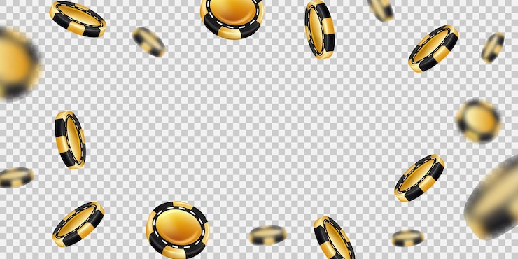 Vector gold casino chip poker bet falling tokens for blackjack game golden and black gambling cash flying realistic unfocused blur elements web banner frame vector isolated background