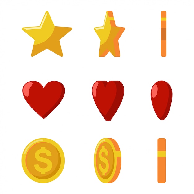 Gold coins, stars and red hearts flips.  game and web icons set isolated on a white background.