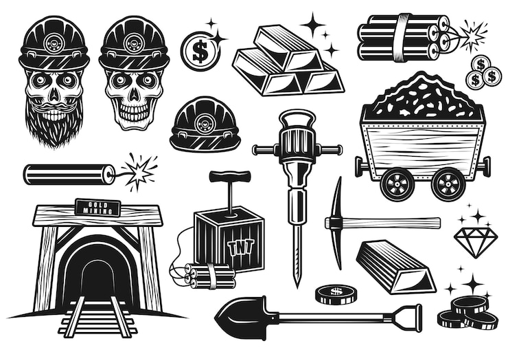 Gold mining and treasure digging set of vector objects or design elements in vintage monochrome style isolated on white background
