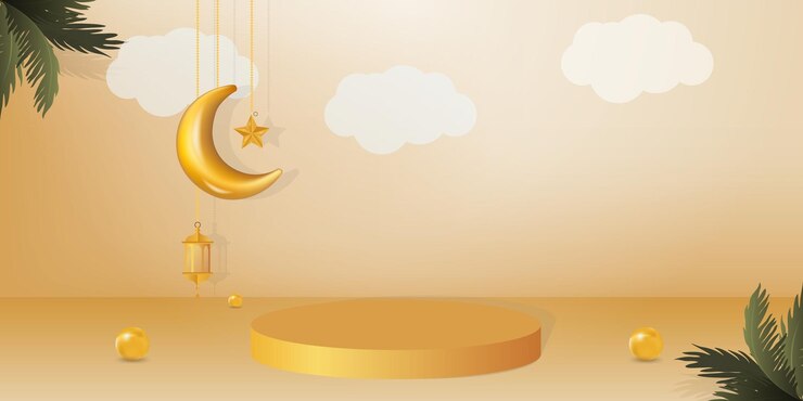 Gold moon and stars on a podium platform islamic eid background
