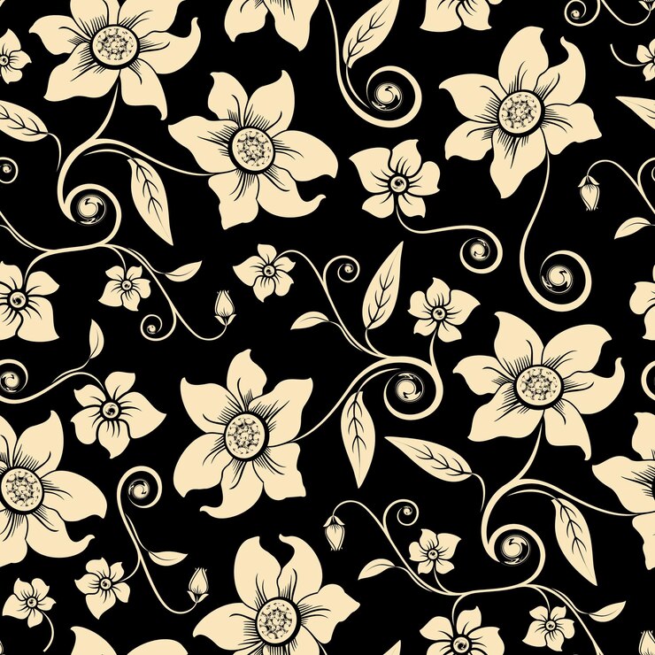 Vector gold vintage floral seamless pattern with black background.