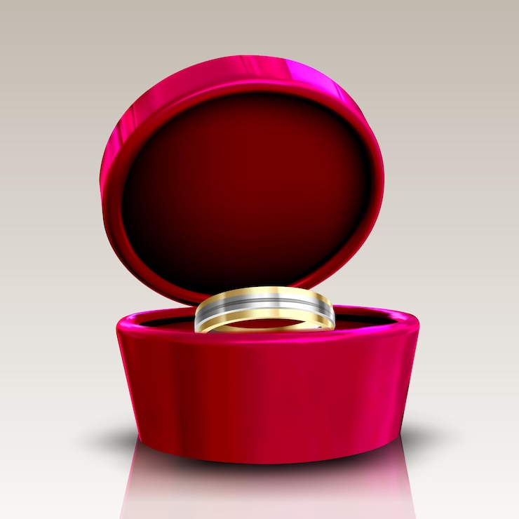 Vector golden and silver ring in round red box