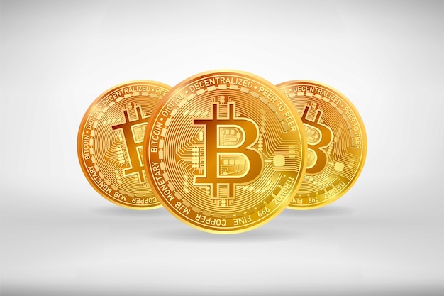 golden bitcoin crypto currency icons with shadows isolated on white background. realistic vector illustration.