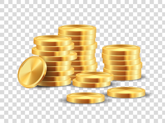 Golden coin stack. Realistic gold dollar coins game template for win lots in casino. Vector 3D cash money isolated 
