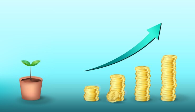 Vector golden coins business graph illustration and small tree finance and banks savings and investments