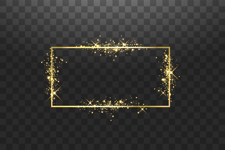 Golden frame with lights effects. Shining rectangle banner. Isolated on black background. 