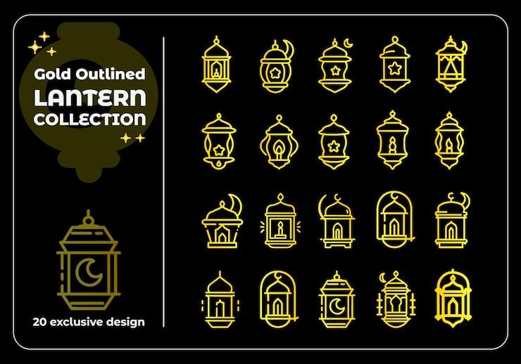 Golden Lantern Collection Vector Illustration Vintage Hanging Lamps for Arabic Ramadan Template