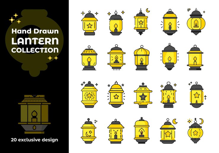 Golden Lantern Collection Vector Illustration Vintage Hanging Lamps for Arabic Ramadan Template